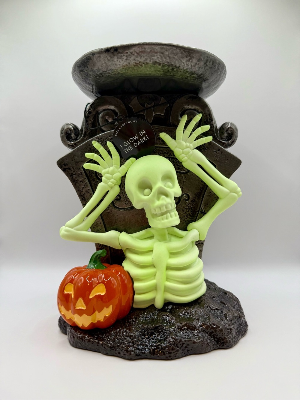 B&BW Halloween Glow Skeleton Boo Pedestal 3-Wick Candle Holder | No Offers